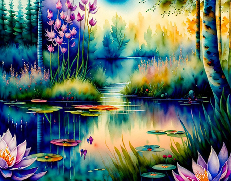 Serene pond with lotus flowers and lily pads in a vibrant artistic rendition