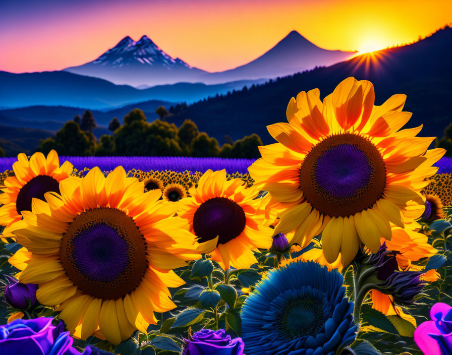 Sunflower Field and Mountains Under Sunset Sky