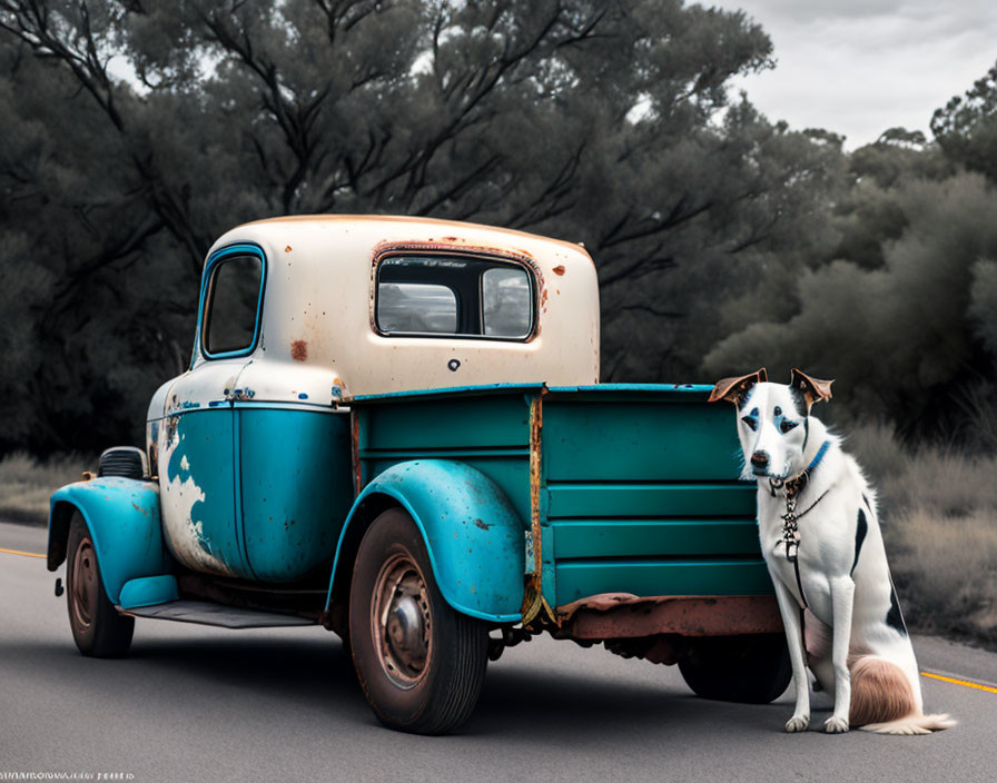 Dog beside vintage blue pickup truck on tree-lined road under overcast sky