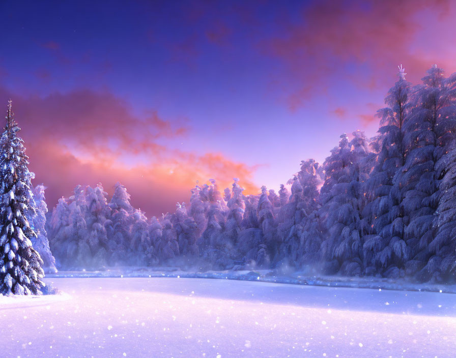 Snow-covered trees and colorful dawn sky reflected on frozen water