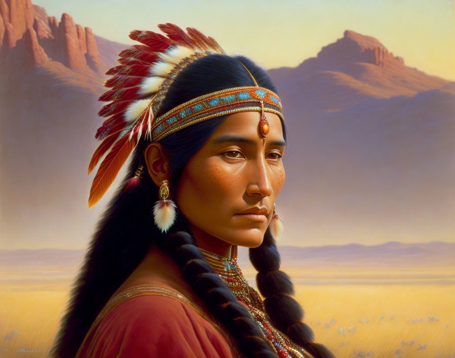 Native American man with feathered headdress in mountain landscape