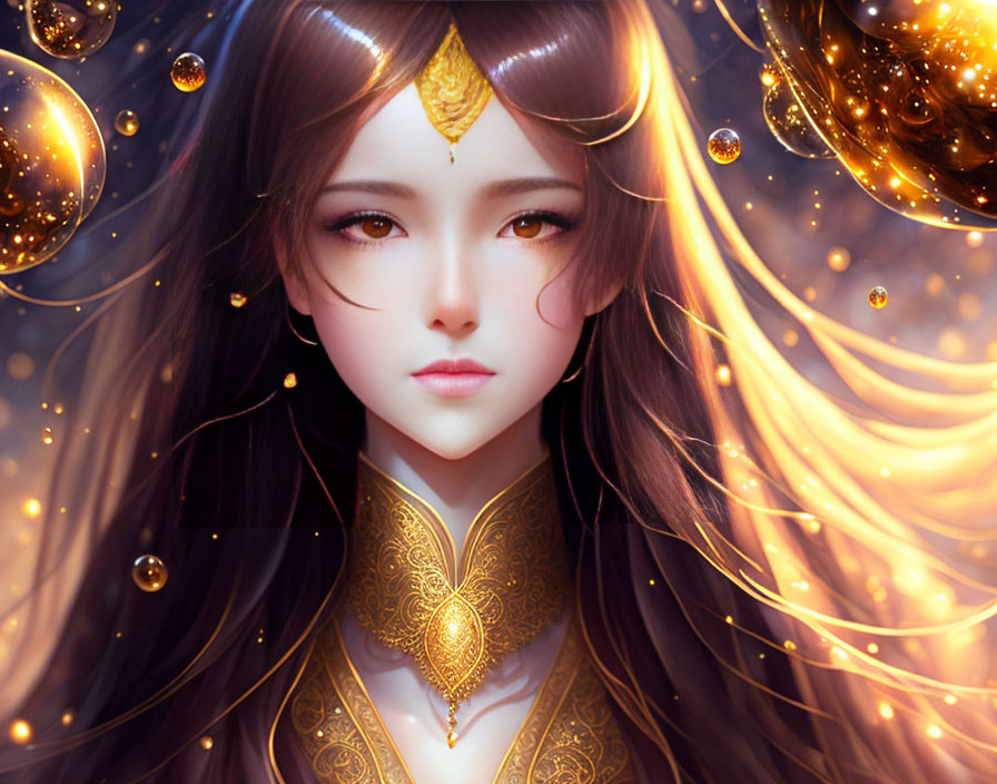 Fantasy Female Character with Long Hair and Cosmic Swirls