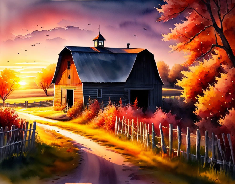 Rural sunset landscape with red barn, autumn trees, picket fence