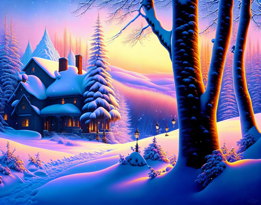 Snow-covered house in winter twilight among pine trees