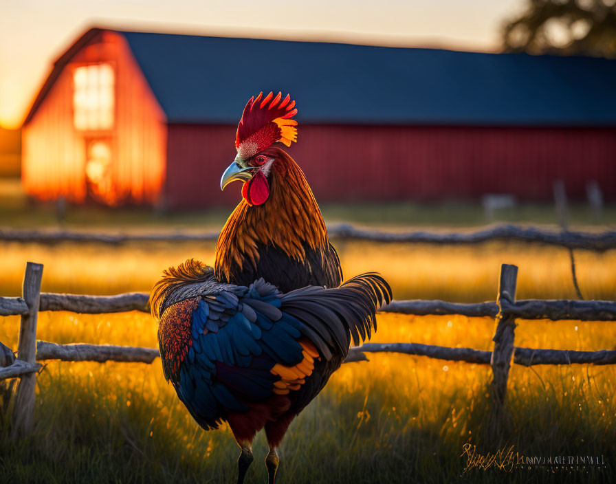 Colorful rooster in front of red barn at sunset