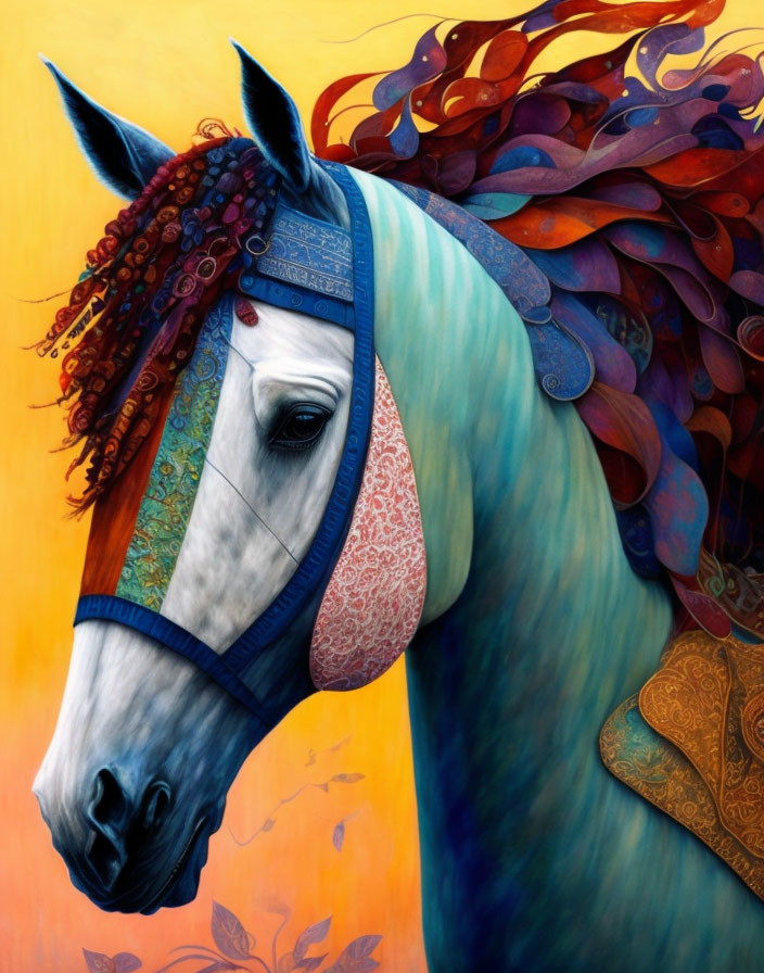 Vibrant horse painting with ornate tack and flowing mane on yellow backdrop