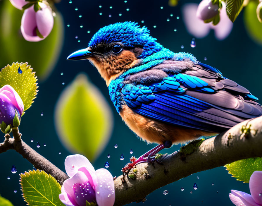 Colorful Kingfisher on Branch with Pink Blossoms and Dew Drops