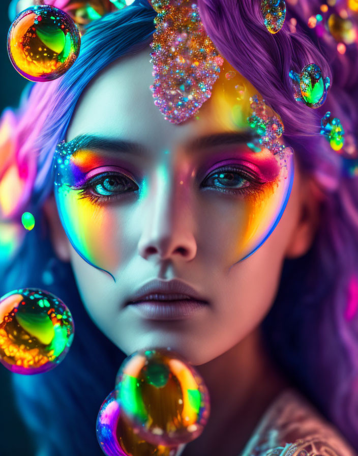 Vibrant makeup portrait with iridescent bubbles