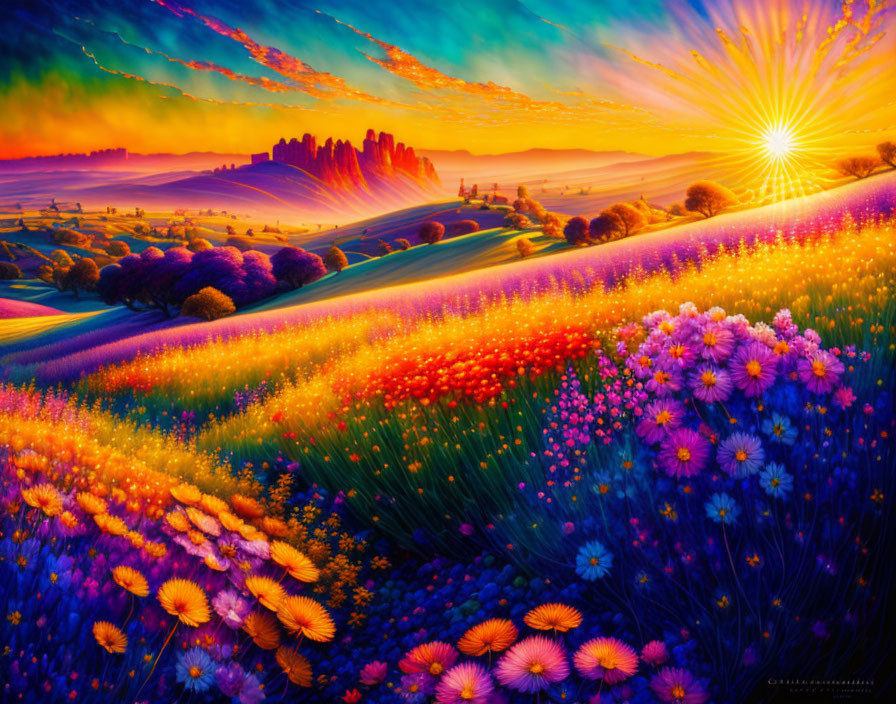 Colorful Flowers on Rolling Hills at Sunrise