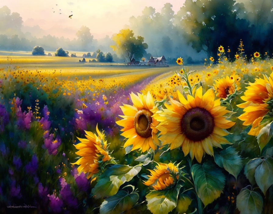 Tranquil sunrise sunflower field painting with farmhouse and birds