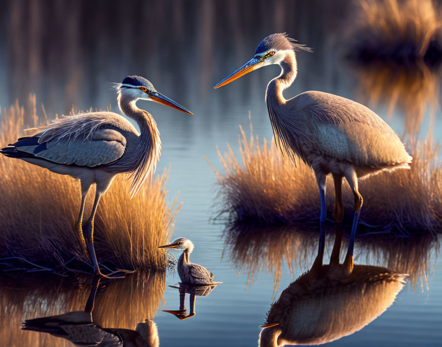 Two Herons Standing in Calm Water at Twilight