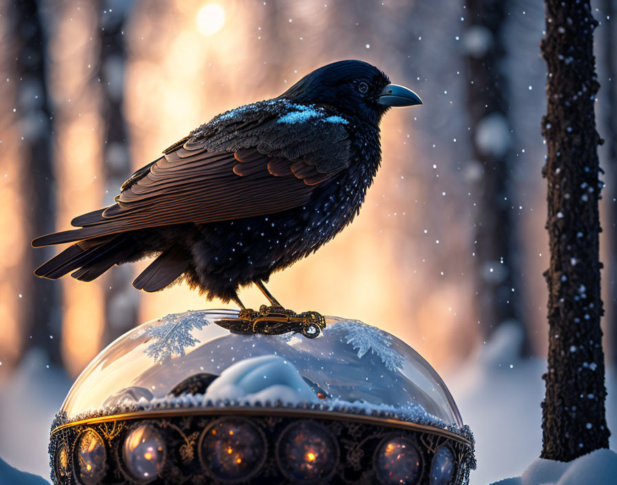 Raven on snow globe in snowy forest with sunlight