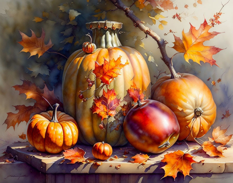 Autumn-themed still life painting with pumpkins and leaves