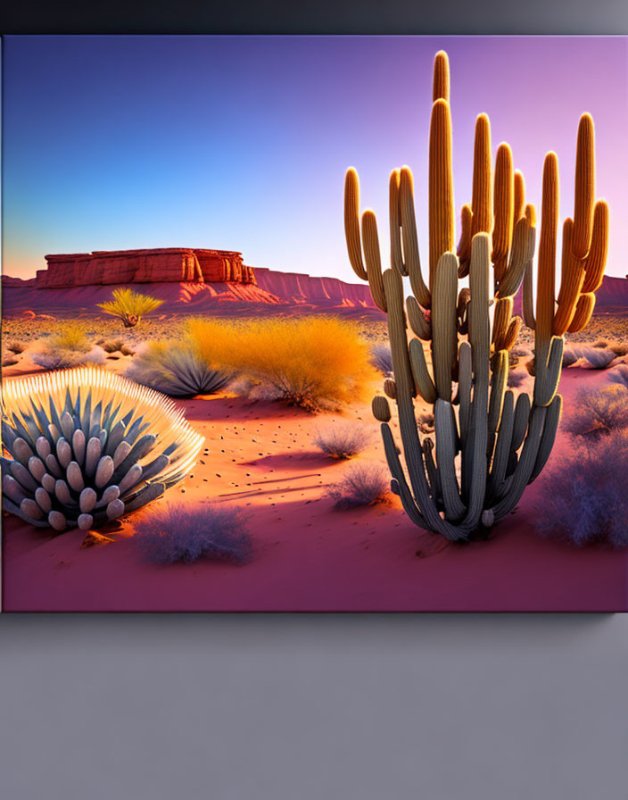 Desert landscape at sunset with cacti and red rock formations