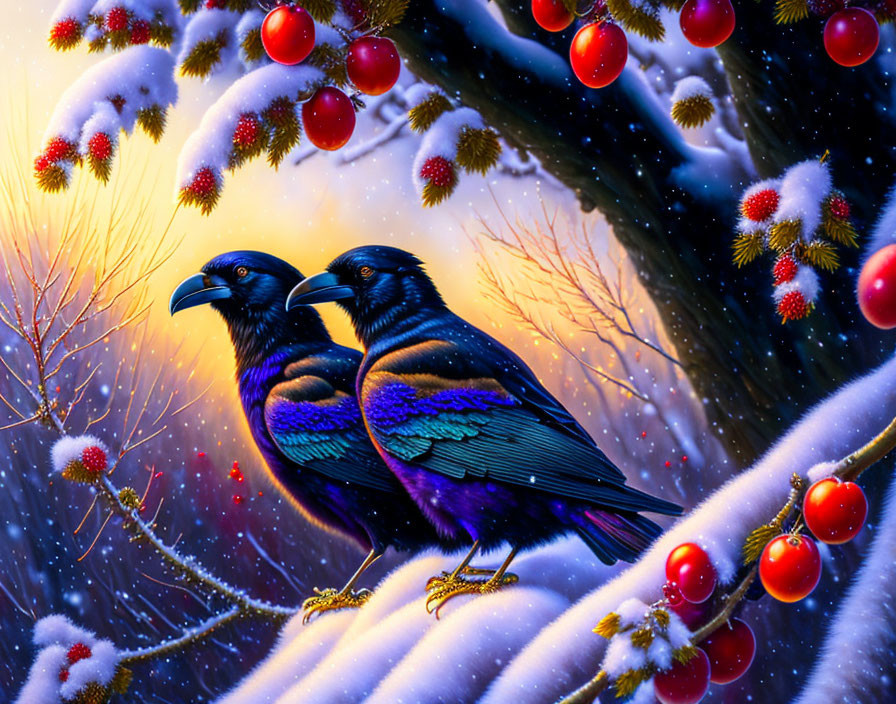 Ravens on snowy branch with red berries in wintry scene