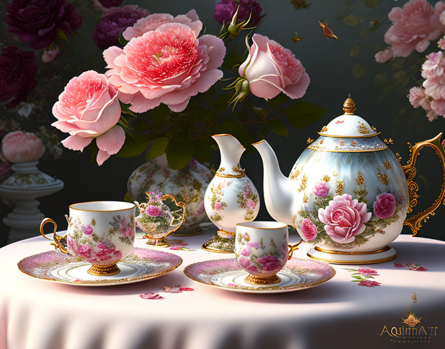 Floral porcelain tea set with roses on draped table - dark backdrop