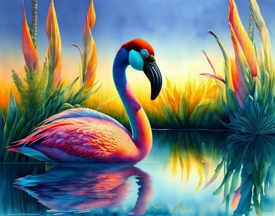 Colorful Flamingo Painting by Water with Tall Grasses