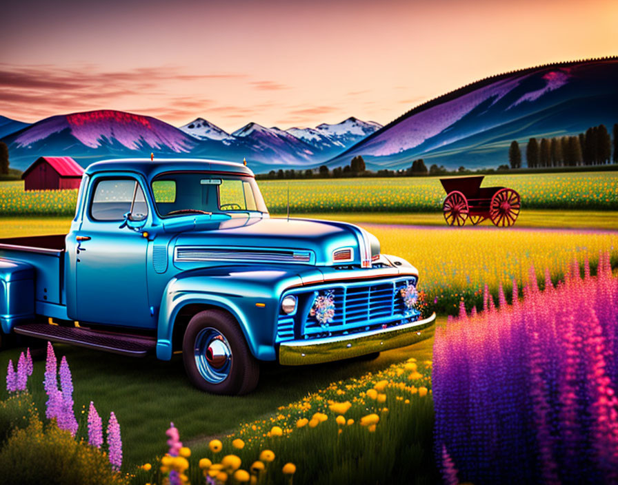 Vintage blue pickup truck in scenic field with colorful flowers, mountains, sunset sky