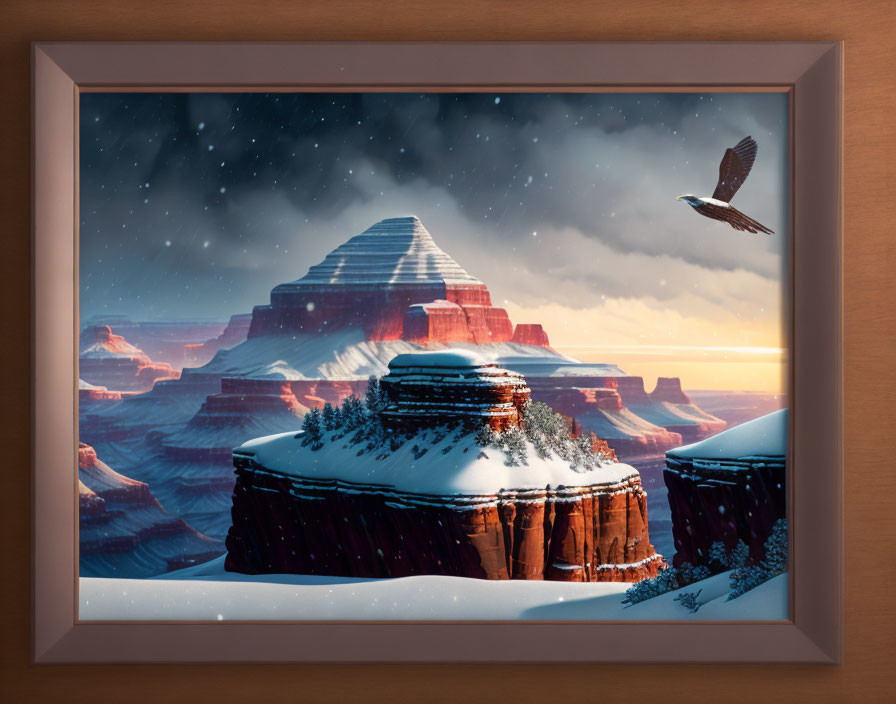 Snowy desert scene with layered rocks & starry night sky bird flight