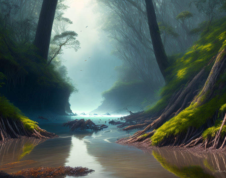 Serene river, towering trees, sunlight rays, birds in mystical forest.