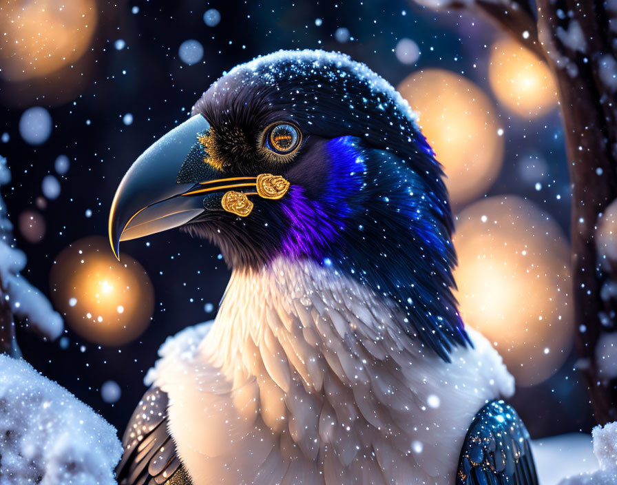 Majestic raven with iridescent feathers in snowy scene