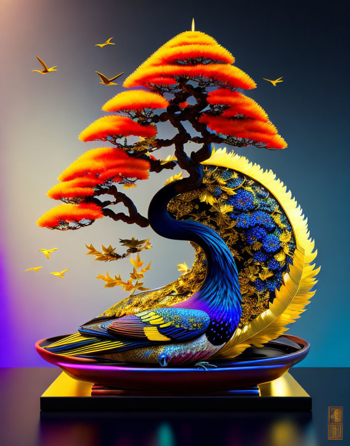 Sculptural peacock merges with fiery autumn tree in vibrant artwork