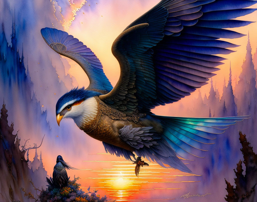 Majestic bird in flight against vibrant sunset sky.