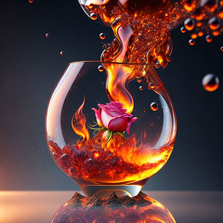 Pink rose on fire in fishbowl with spilling liquid on orange backdrop