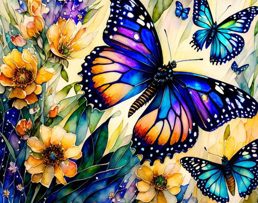 Colorful Watercolor Painting of Blue and Purple Butterflies Among Flowers