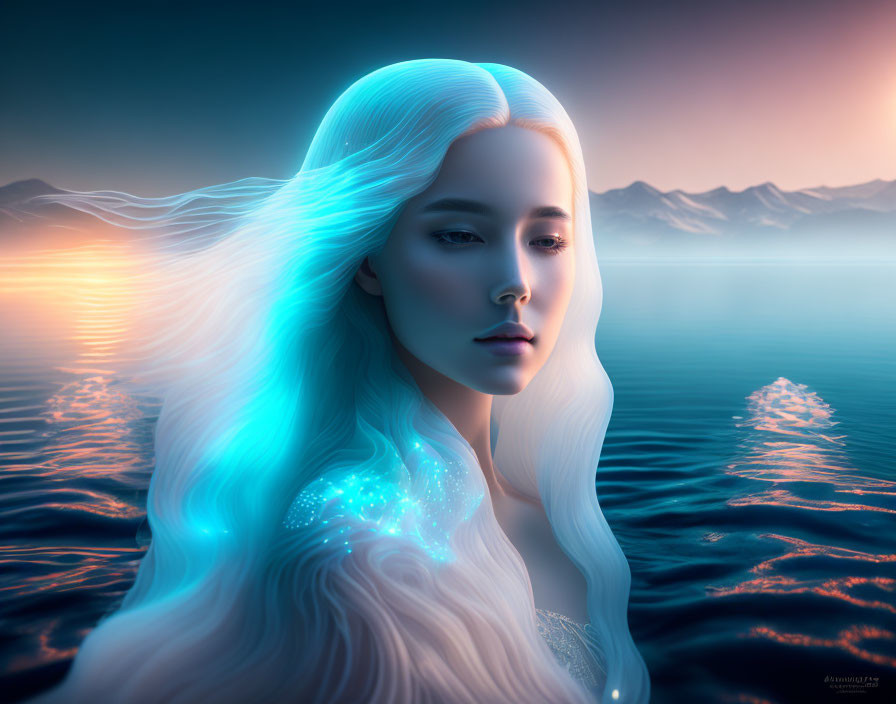 Ethereal woman with luminous white hair at sunset