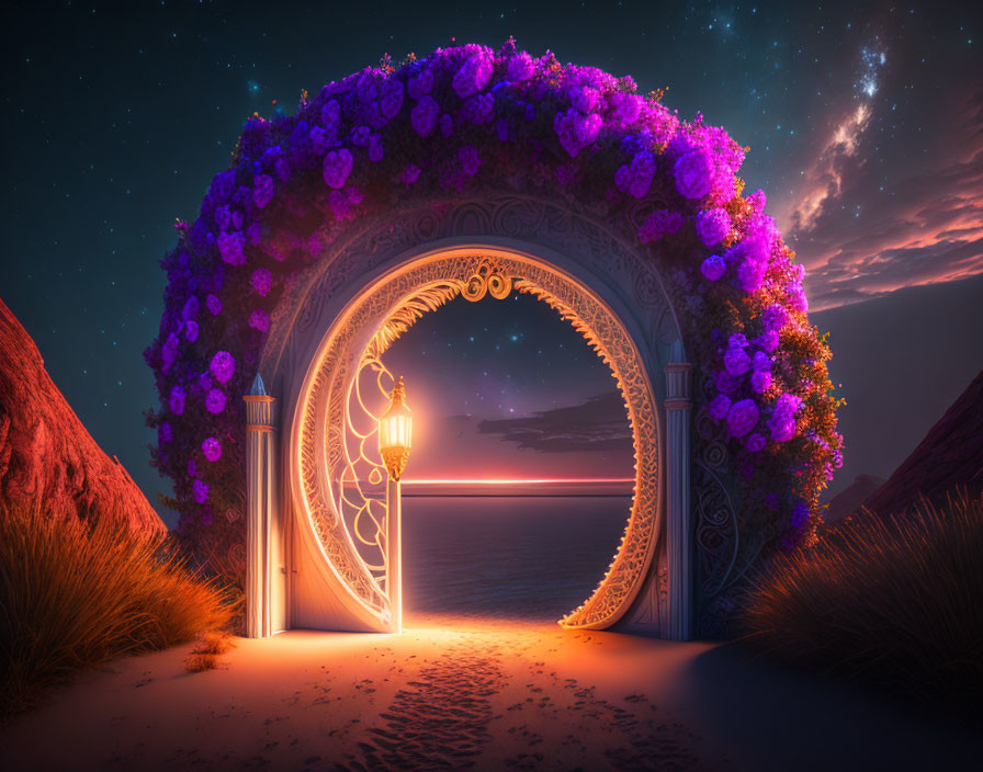 Purple Flower Arch Overlooking Twilight Sea Horizon