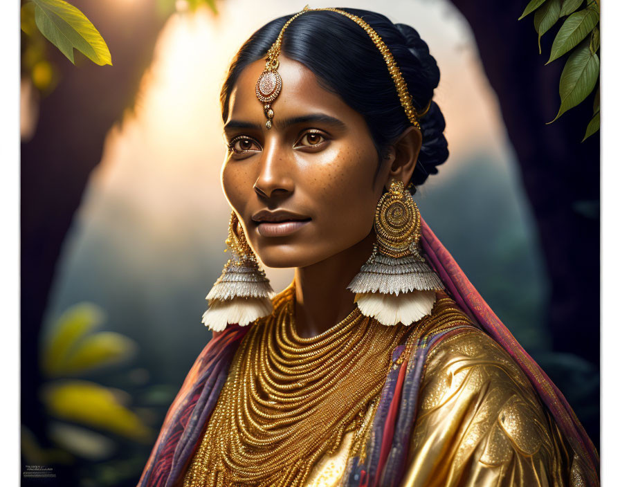 Traditional Indian Attire and Jewelry on Woman Outdoors