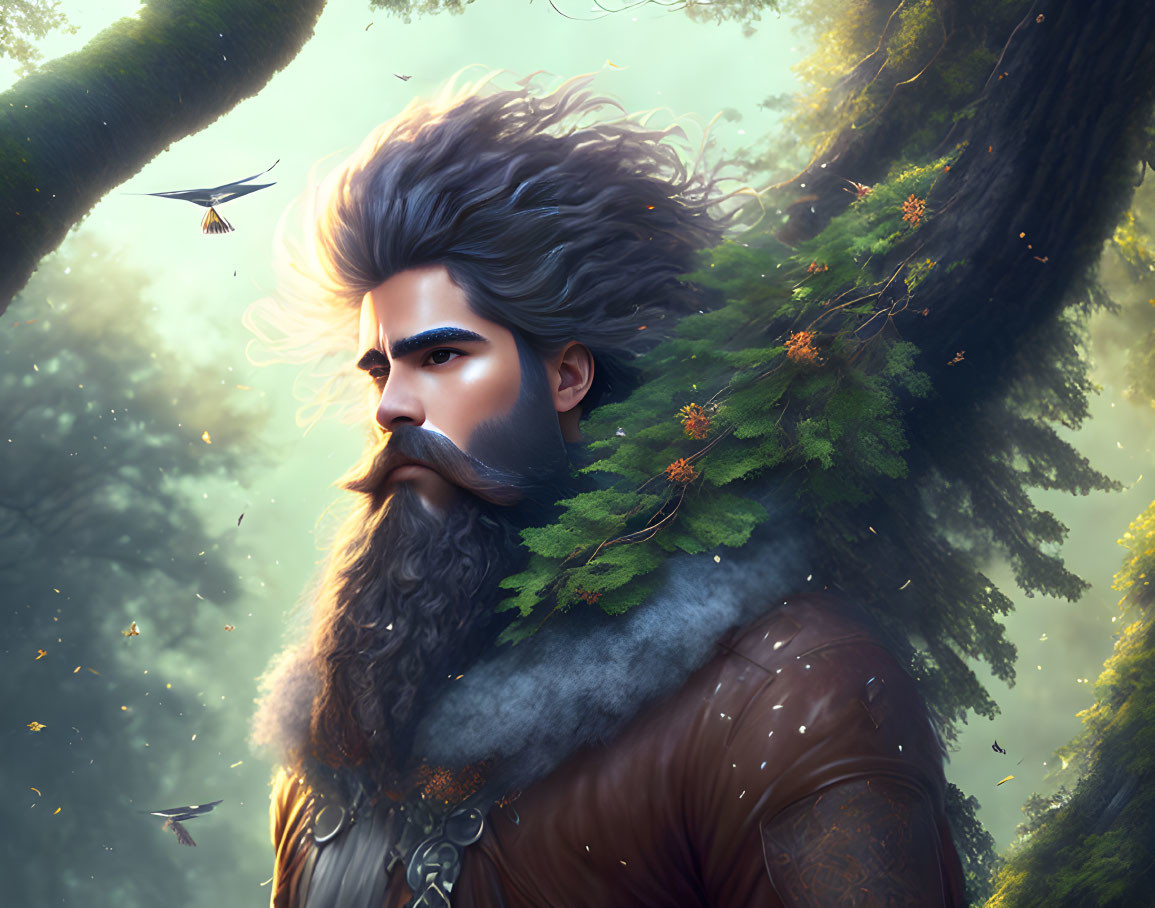 Illustrated male figure with bushy beard in mystical forest setting