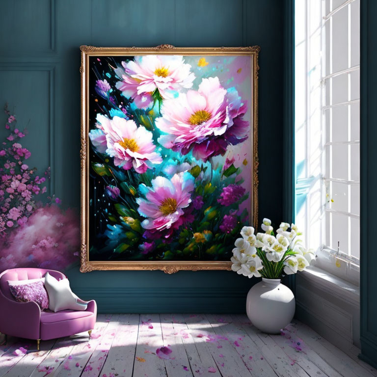 Colorful Floral Painting in Golden Frame on Blue Wall with White Flowers, Pink Petals, Purple Chair