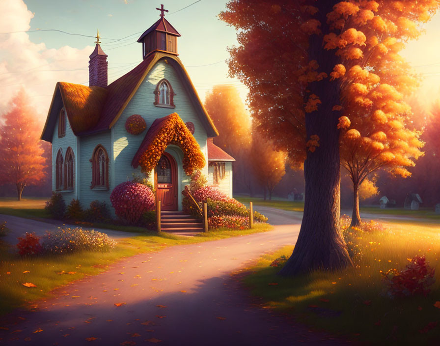 Autumn chapel scene at sunset with fallen leaves