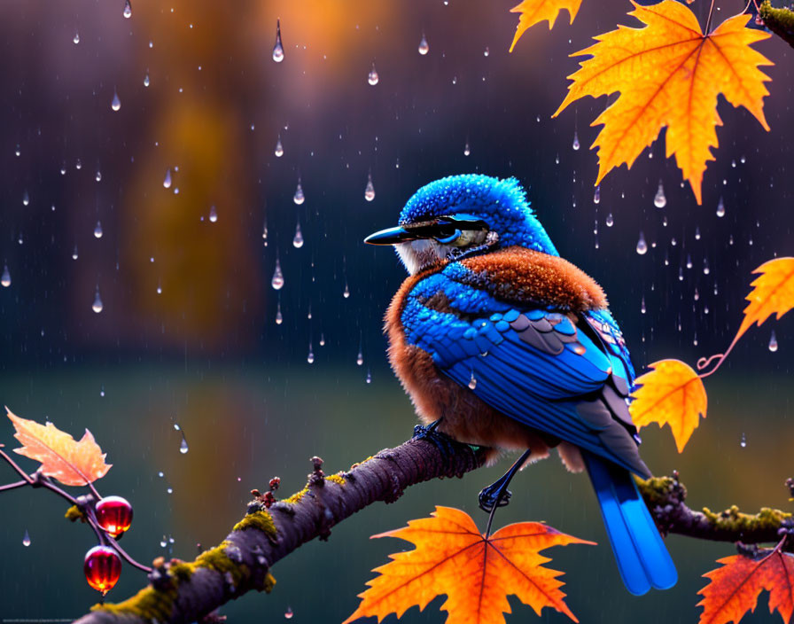 Colorful Kingfisher Perched on Branch in Rain with Autumn Foliage