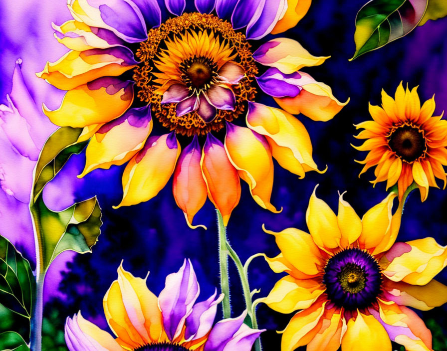 Colorful Sunflower Painting on Purple Background