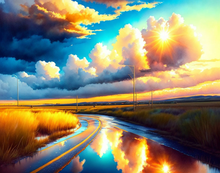 Vibrant painting: Wet road, sunset, golden fields, dramatic clouds