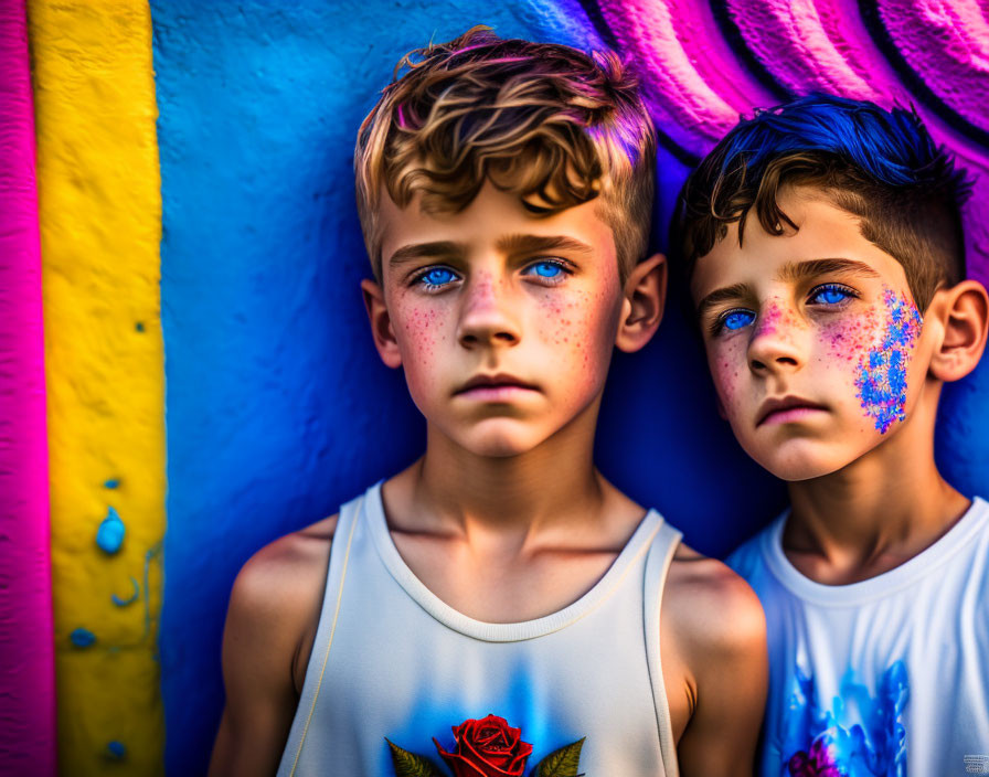 Two Boys with Striking Blue Eyes and Glitter Against Colorful Wall