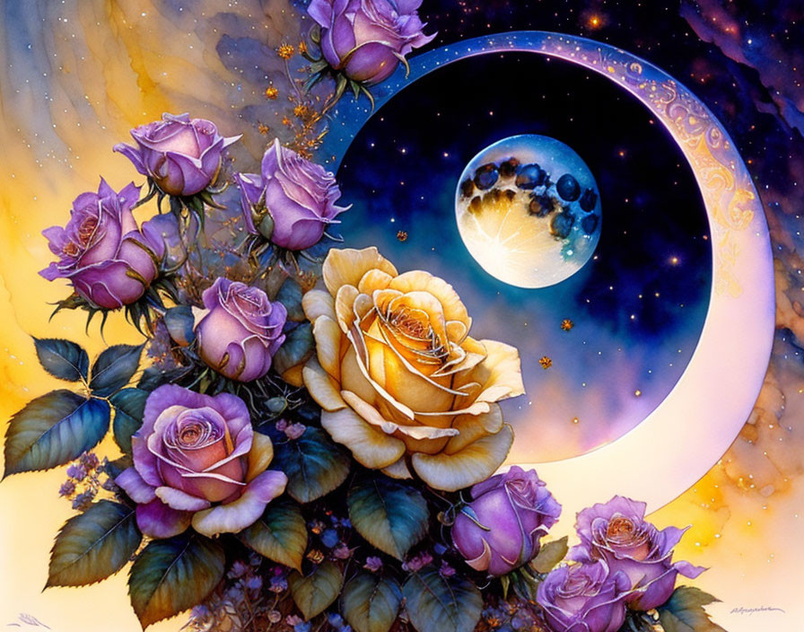 Colorful artwork: Purple and orange roses with crescent moon and stars.