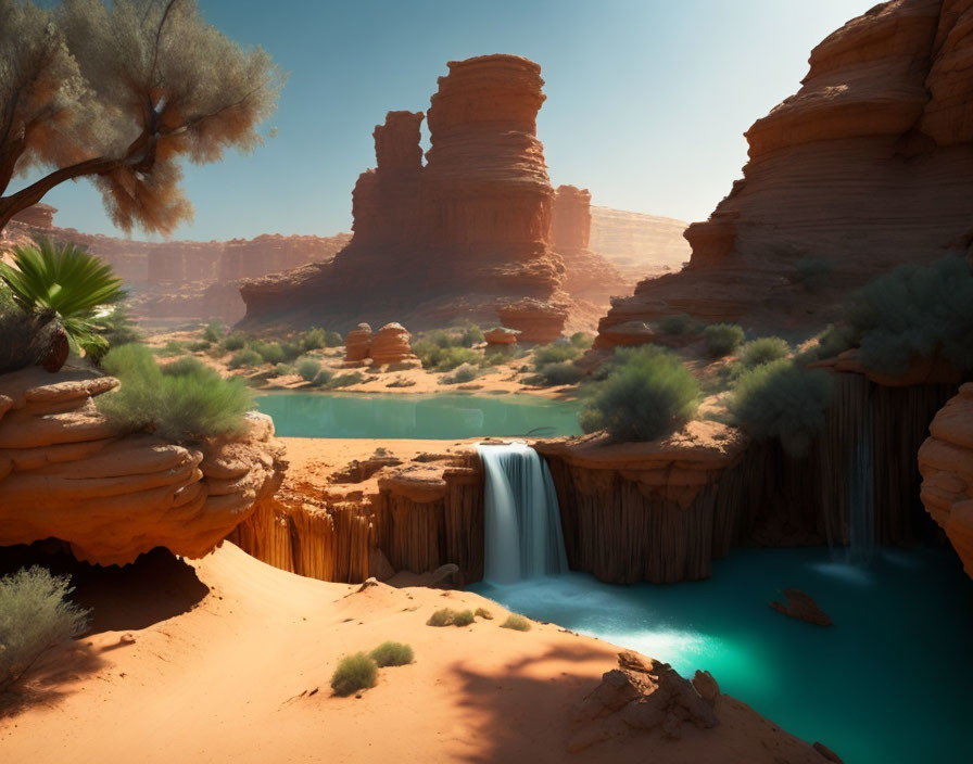 Tranquil desert oasis with waterfall, red rocks, greenery, blue sky