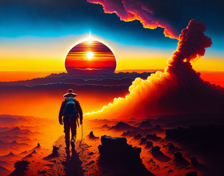 Astronaut walking towards giant setting sun on alien planet with volcanic eruption.