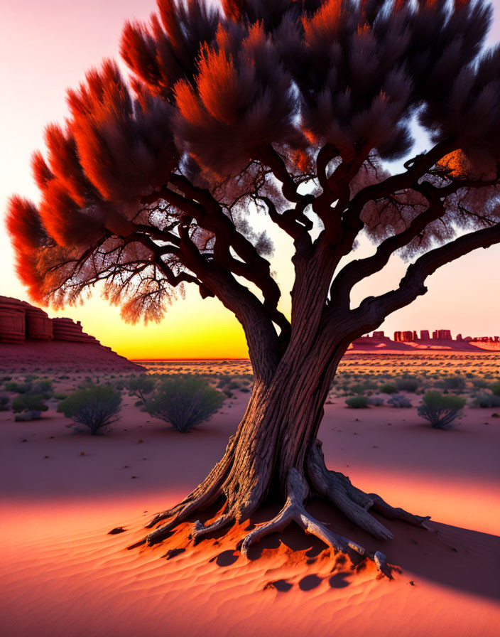 Vibrant sunset desert landscape with solitary tree