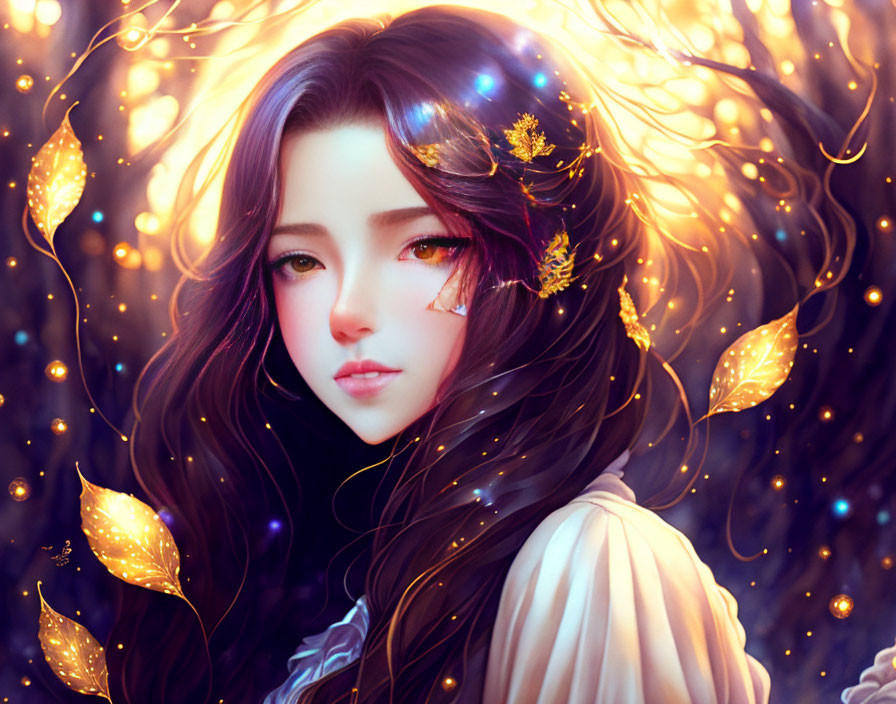 Digital artwork: Woman with flowing hair in golden leaf aura