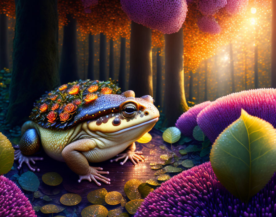 Vibrant whimsical toad illustration in fairy-tale forest