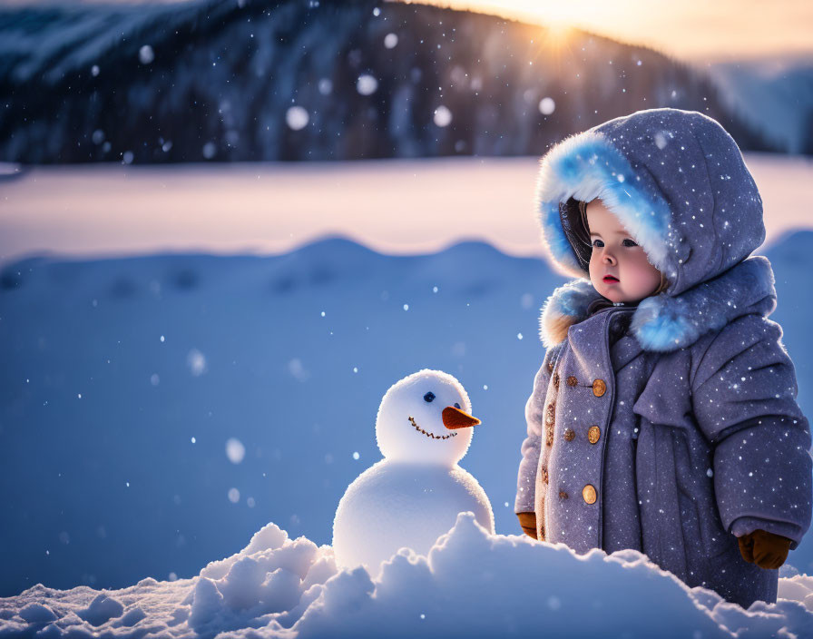 Child and snowman in snow at sunset with falling snowflakes