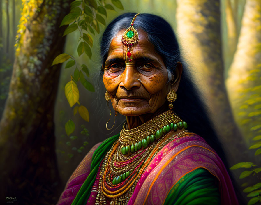 Elderly woman in traditional attire with facial markings and jewelry in green and pink sari.