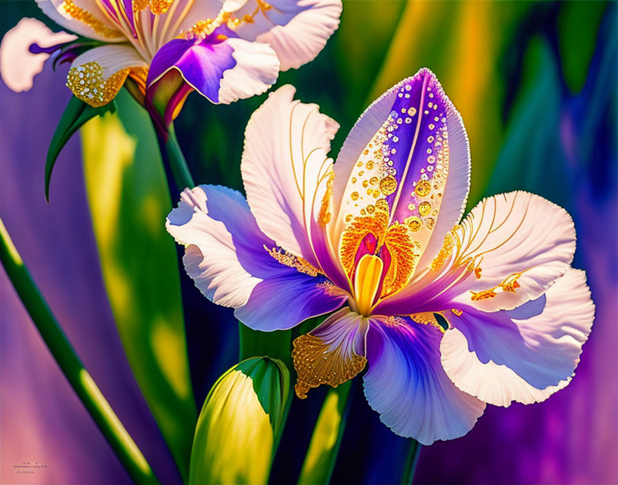 Close-up of vibrant dew-covered iris flower with purple and yellow petals on multicolored background