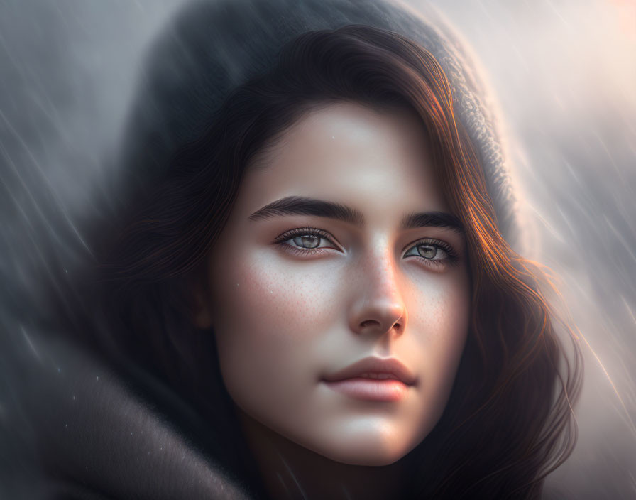 Woman with Hood in Snowy Setting: Dreamy Portrait with Striking Eyes