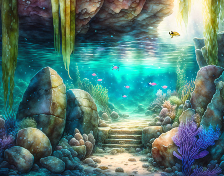 Colorful Fish and Mystical Underwater Stairway in Soft Illumination